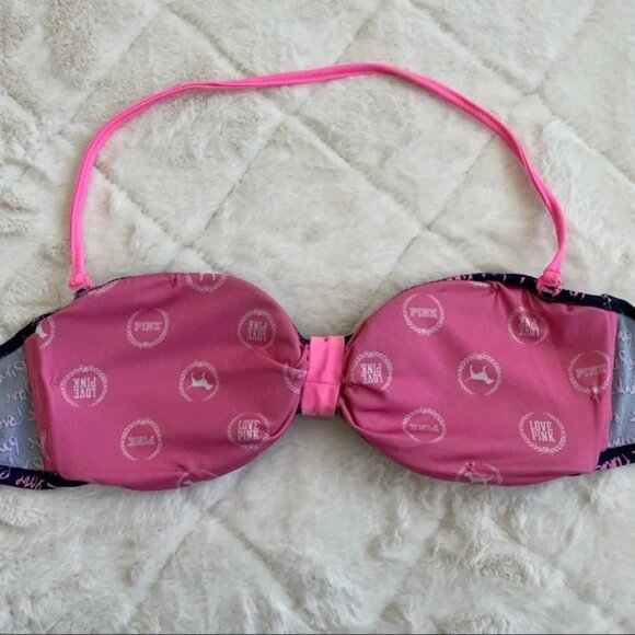 Victoria’s Secret Pink | Navy and Pink Graffiti Bandeau Bikini Top | Size Medium - Picture 6 of 10